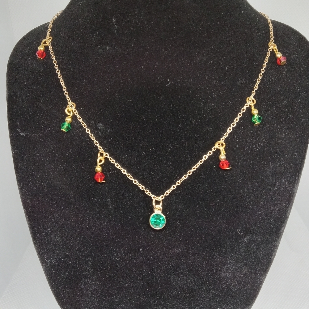 Hand Crafted Gold Necklace with Red and Green Accents